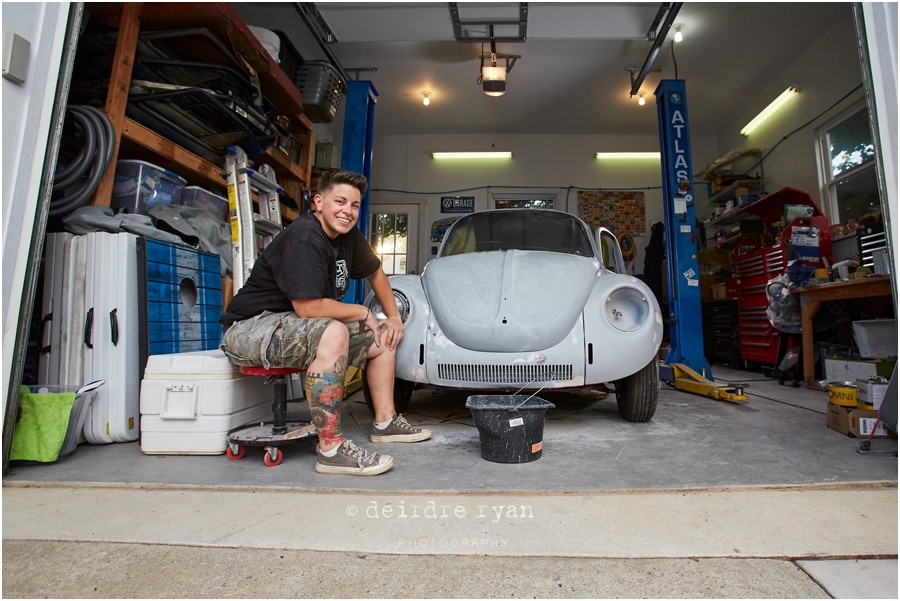 women mechanics,VW Bug,garage,turning wrenches,portrait,personal photo project,cars,NJ,branding photographer,