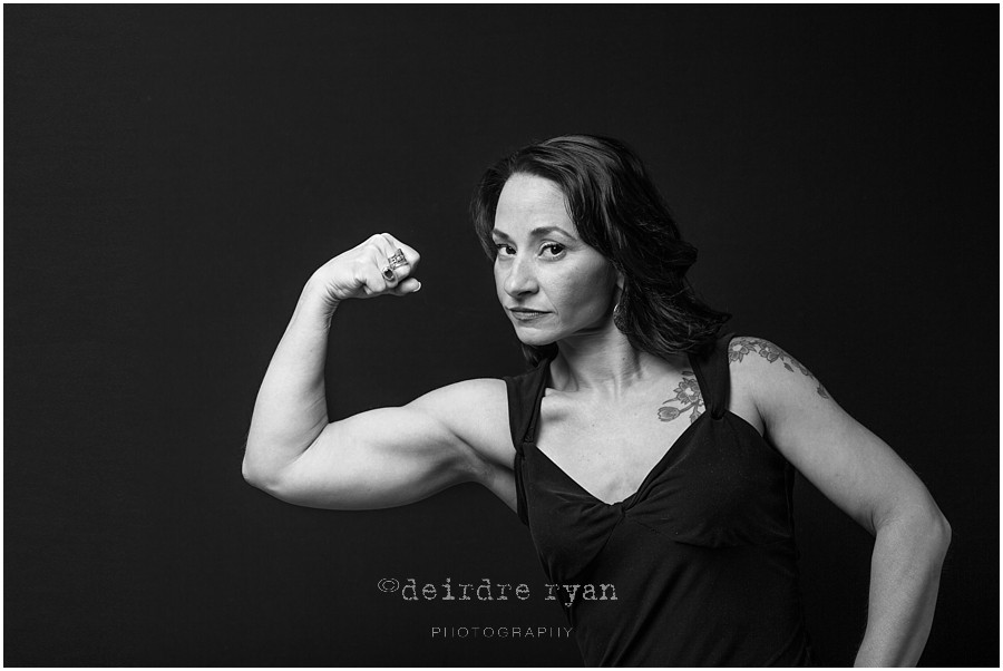 Studio portrait of Roseanne by Deirdre Ryan Photography, fitness, powerlifter, sculpted arms, black and white portrait